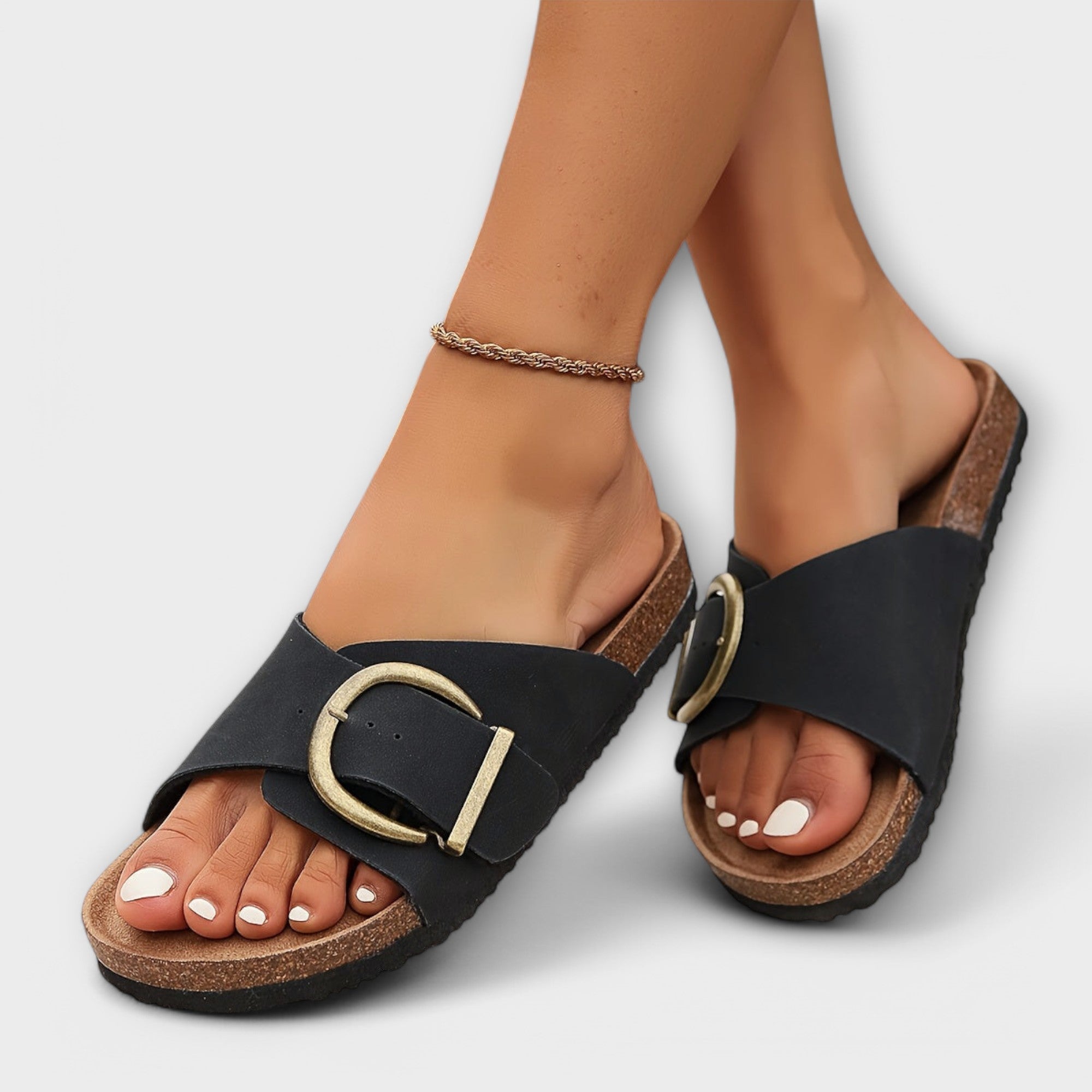 MARGIE™ – DAMEN KORK PANTOLETTEN MIT SCHNALLENRIEMEN DESIGN