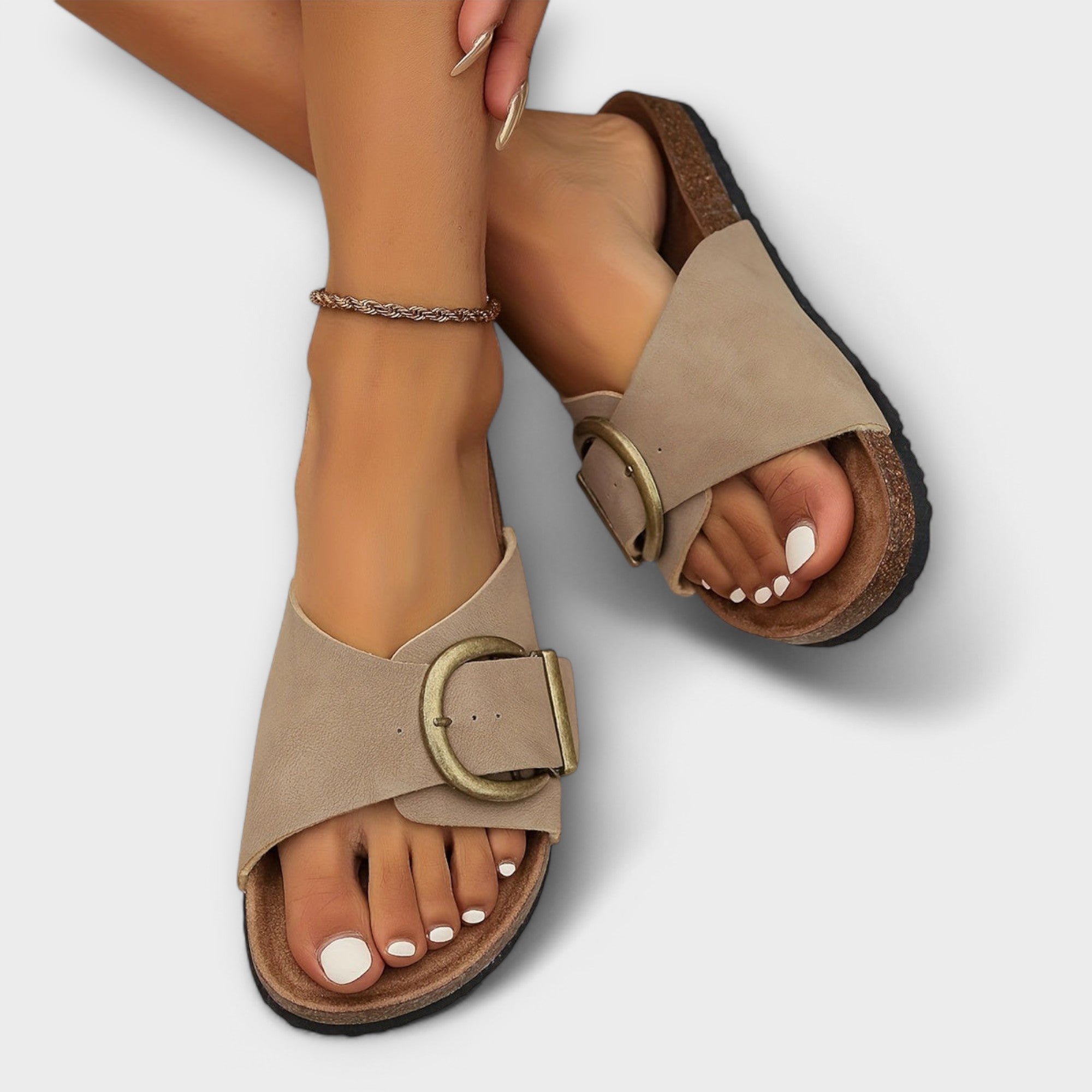 MARGIE™ – DAMEN KORK PANTOLETTEN MIT SCHNALLENRIEMEN DESIGN
