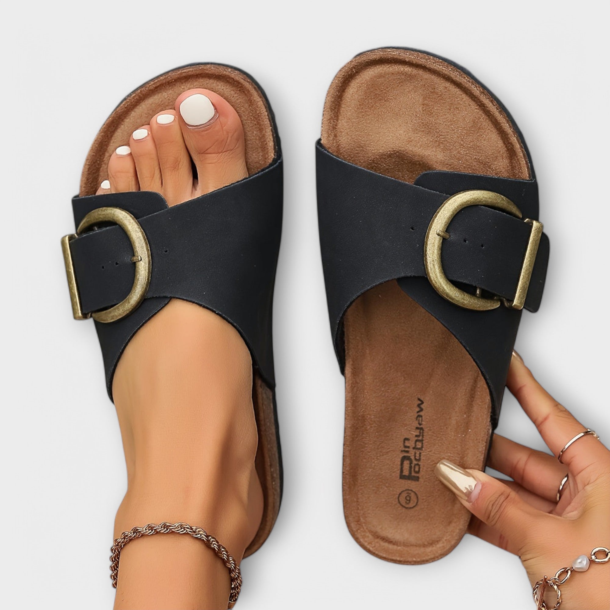 MARGIE™ – DAMEN KORK PANTOLETTEN MIT SCHNALLENRIEMEN DESIGN
